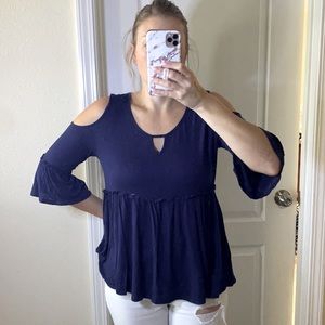 Navy Blue Cold Shoulder Keyhole Peplum Top size L